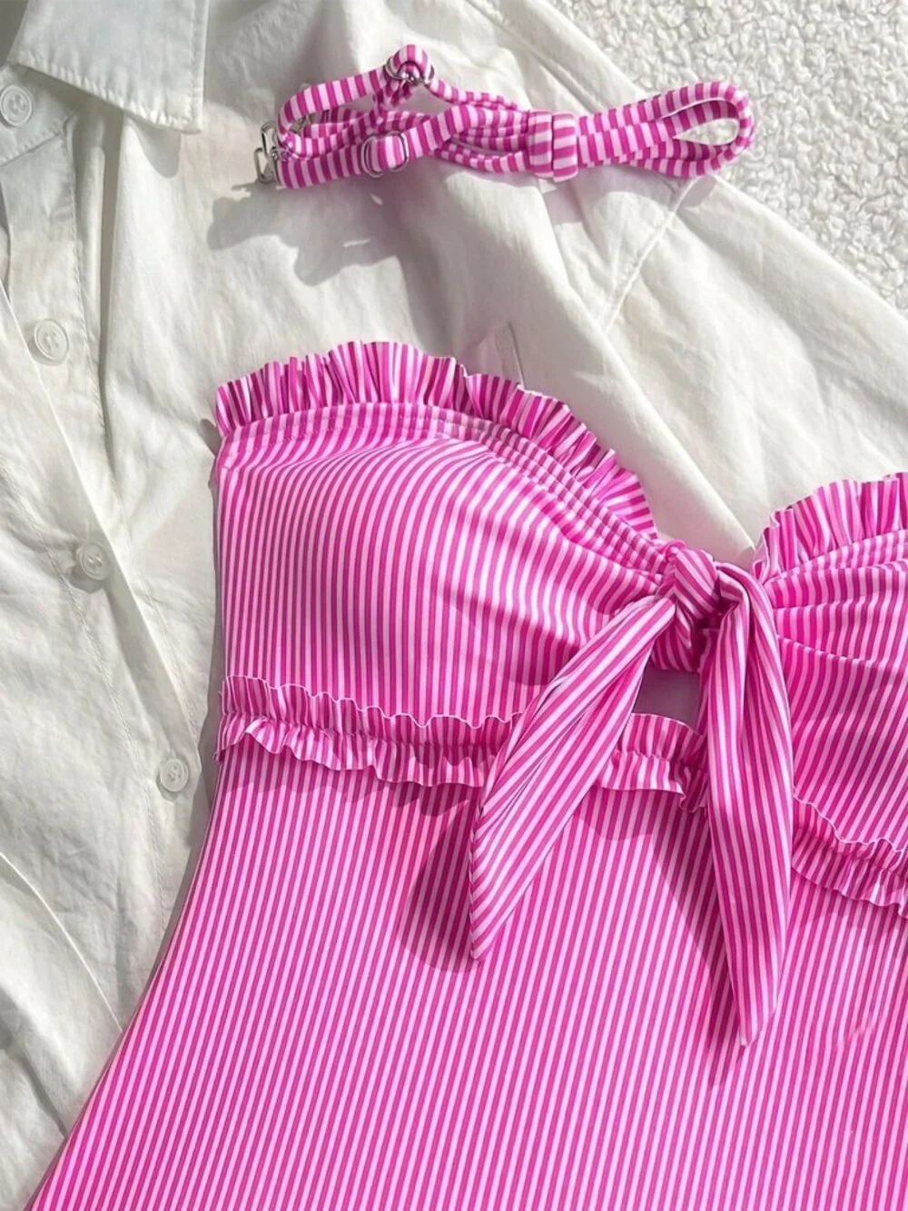 Pink Casual Women's Sexy Striped Lace Ruffle Bust Bow One-Piece Swimsuit